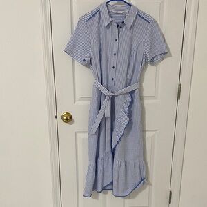 NWOT Isaac Mizrahi Blue and White Striped Seersucker Midi Dress